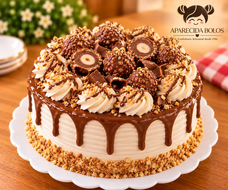 Bolo com calda de chocolate, bombons de avelã e rosetas de chantilly