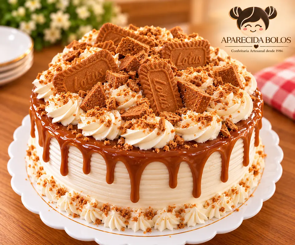 Bolo com calda de caramelo, biscoitos caramelizados e chantilly