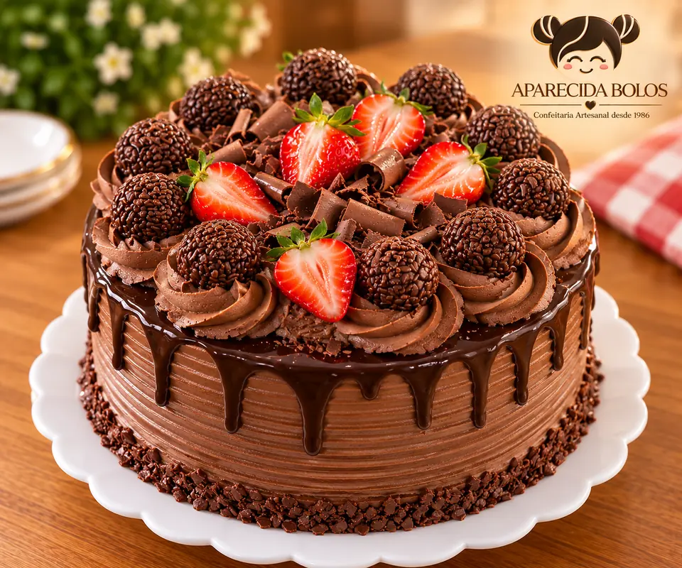 Bolo de chocolate com calda brilhante, brigadeiros e morangos por cima