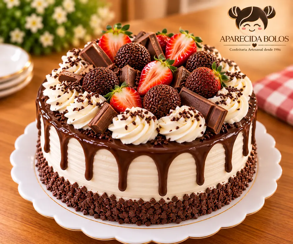 Bolo branco com calda de chocolate, brigadeiros, pedaços de chocolate e morangos