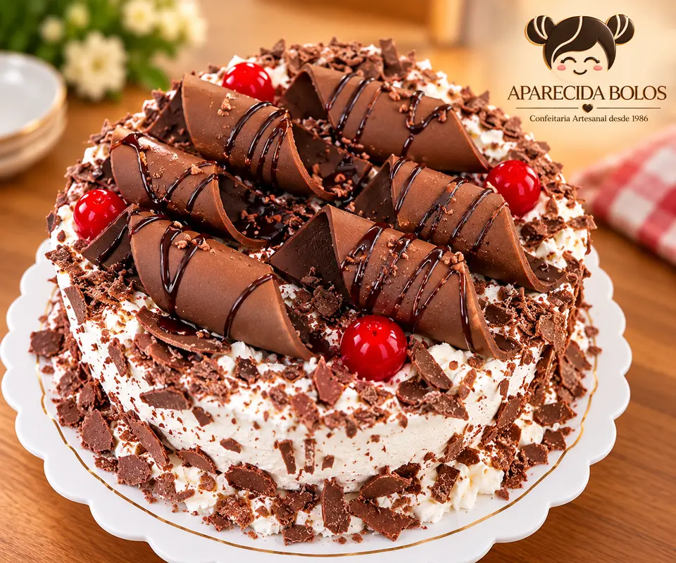 Bolo de chantilly com raspas de chocolate, canudos de chocolate e cerejas