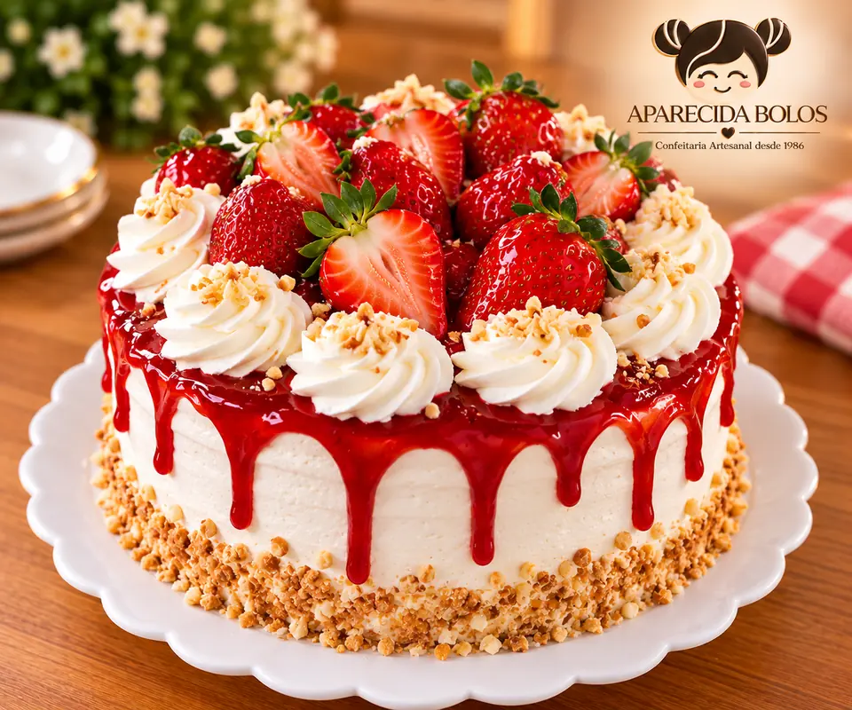 Bolo branco com calda de morango escorrendo, morangos inteiros e rosetas de chantilly