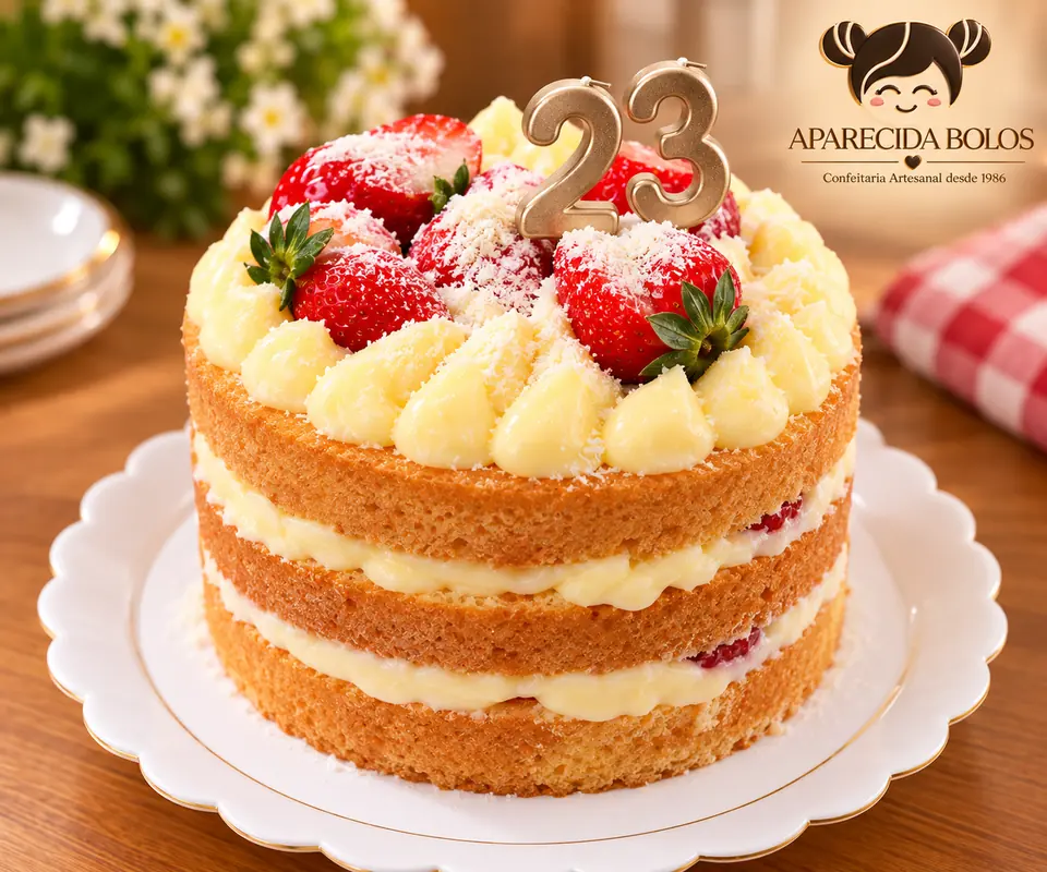 Naked cake de três camadas com creme e morangos, com vela dourada de número 23